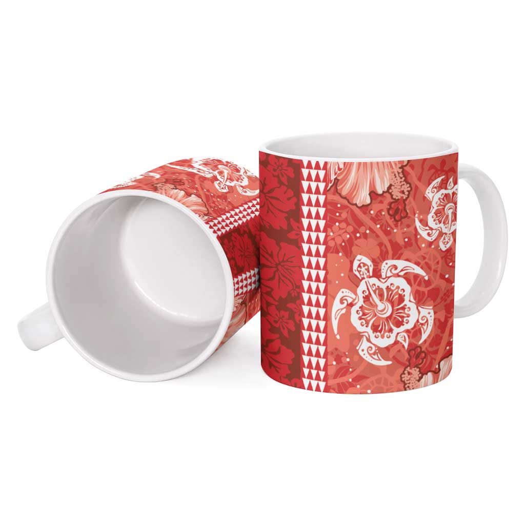 Red Hibiscus Turle Ceramic Mug Hawaiian Style Tribal Tapa Pattern - Polynesian Pride