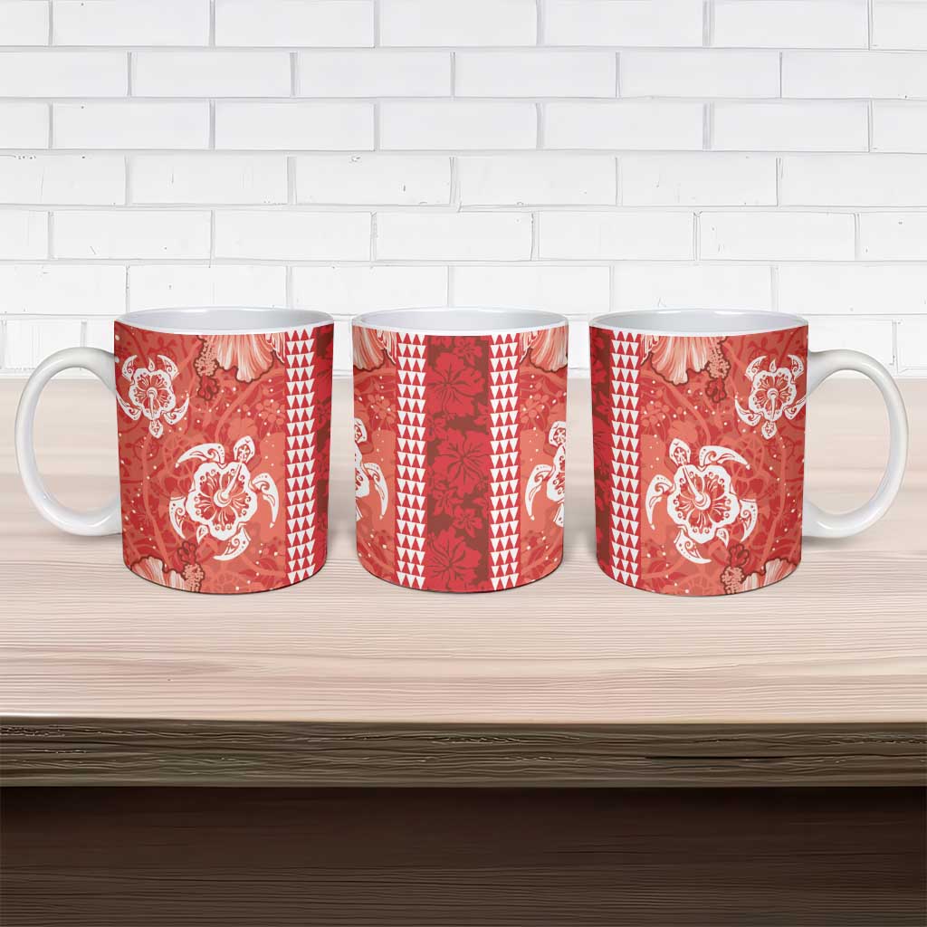 Red Hibiscus Turle Ceramic Mug Hawaiian Style Tribal Tapa Pattern - Polynesian Pride