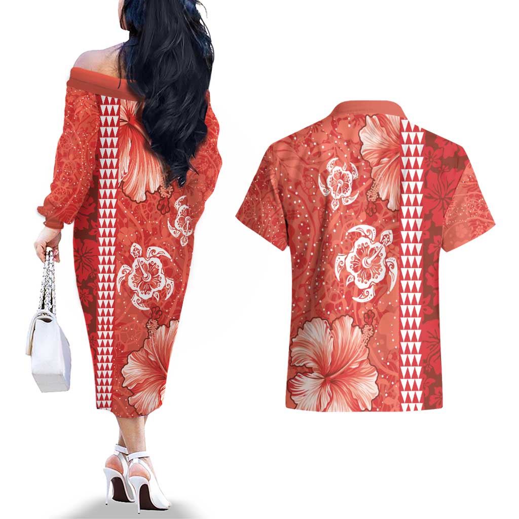 Red Hibiscus Turle Couples Matching Off The Shoulder Long Sleeve Dress and Hawaiian Shirt Hawaiian Style Tribal Tapa Pattern