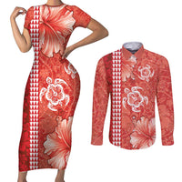 Red Hibiscus Turle Couples Matching Short Sleeve Bodycon Dress and Long Sleeve Button Shirt Hawaiian Style Tribal Tapa Pattern