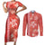 Red Hibiscus Turle Couples Matching Short Sleeve Bodycon Dress and Long Sleeve Button Shirt Hawaiian Style Tribal Tapa Pattern