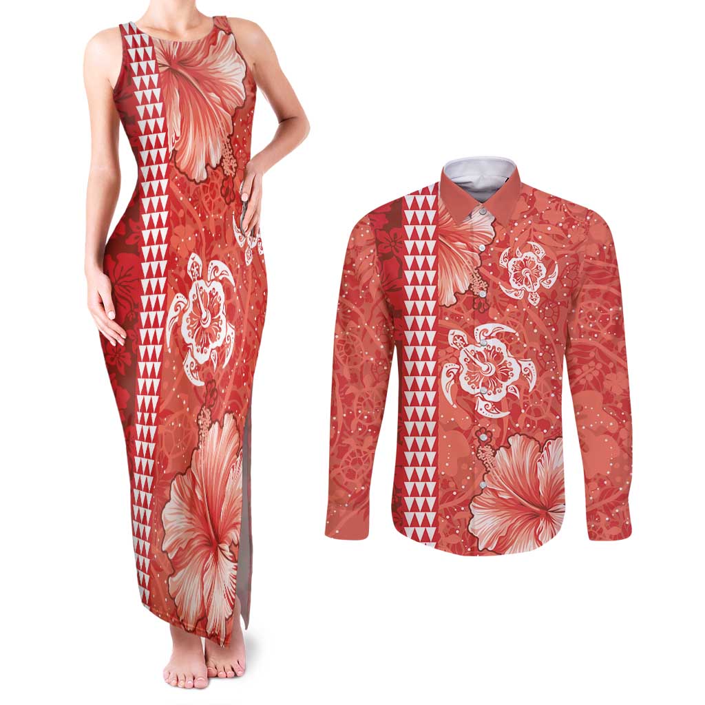 Red Hibiscus Turle Couples Matching Tank Maxi Dress and Long Sleeve Button Shirt Hawaiian Style Tribal Tapa Pattern