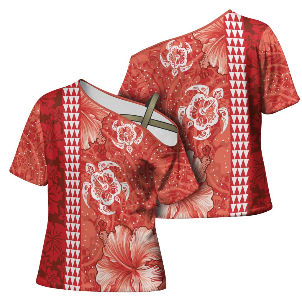 Red Hibiscus Turle Cross Shoulder Shirt Hawaiian Style Tribal Tapa Pattern - Polynesian Pride
