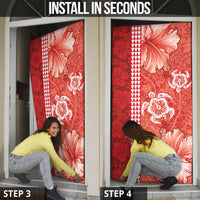 Red Hibiscus Turle Door Cover Hawaiian Style Tribal Tapa Pattern - Polynesian Pride