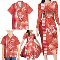 Red Hibiscus Turle Family Matching Long Sleeve Bodycon Dress and Hawaiian Shirt Hawaiian Style Tribal Tapa Pattern LT9 - Polynesian Pride