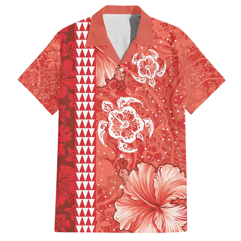 Red Hibiscus Turle Family Matching Long Sleeve Bodycon Dress and Hawaiian Shirt Hawaiian Style Tribal Tapa Pattern LT9 Dad's Shirt - Short Sleeve Red - Polynesian Pride