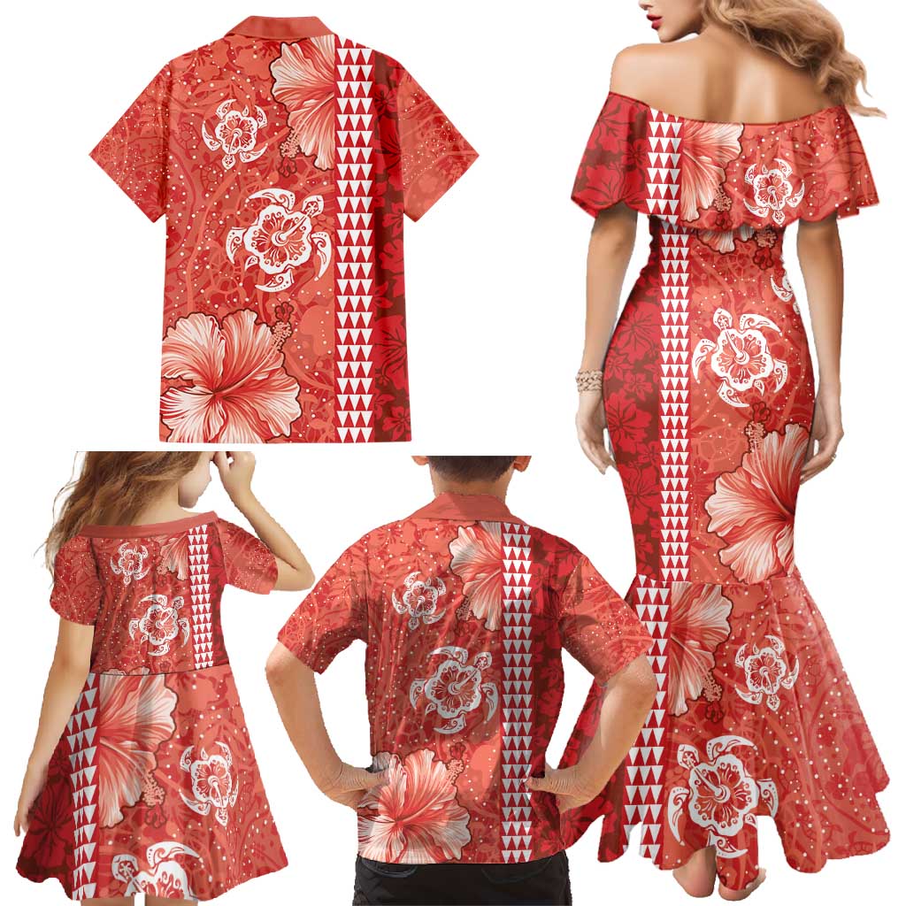 Red Hibiscus Turle Family Matching Mermaid Dress and Hawaiian Shirt Hawaiian Style Tribal Tapa Pattern LT9 - Polynesian Pride