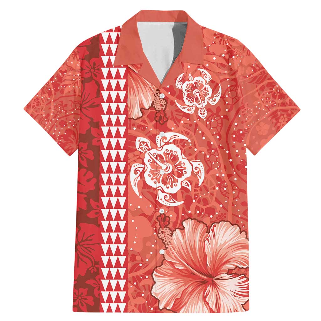 Red Hibiscus Turle Family Matching Mermaid Dress and Hawaiian Shirt Hawaiian Style Tribal Tapa Pattern LT9 Dad's Shirt - Short Sleeve Red - Polynesian Pride