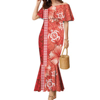 Red Hibiscus Turle Family Matching Mermaid Dress and Hawaiian Shirt Hawaiian Style Tribal Tapa Pattern LT9 Mom's Dress Red - Polynesian Pride