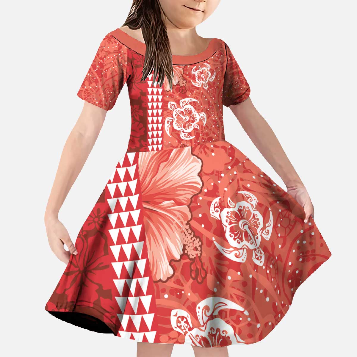 Red Hibiscus Turle Family Matching Off The Shoulder Long Sleeve Dress and Hawaiian Shirt Hawaiian Style Tribal Tapa Pattern LT9 Daughter's Dress Red - Polynesian Pride