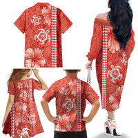 Red Hibiscus Turle Family Matching Off The Shoulder Long Sleeve Dress and Hawaiian Shirt Hawaiian Style Tribal Tapa Pattern LT9 - Polynesian Pride