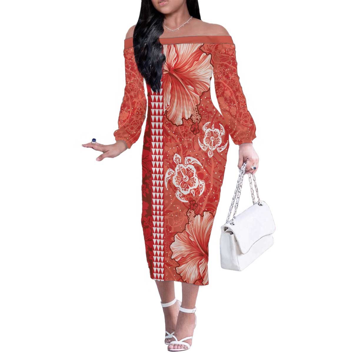 Red Hibiscus Turle Family Matching Off The Shoulder Long Sleeve Dress and Hawaiian Shirt Hawaiian Style Tribal Tapa Pattern LT9 Mom's Dress Red - Polynesian Pride