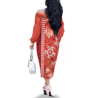 Red Hibiscus Turle Family Matching Off The Shoulder Long Sleeve Dress and Hawaiian Shirt Hawaiian Style Tribal Tapa Pattern LT9 - Polynesian Pride