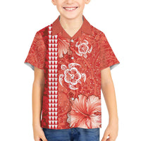 Red Hibiscus Turle Family Matching Off The Shoulder Long Sleeve Dress and Hawaiian Shirt Hawaiian Style Tribal Tapa Pattern LT9 Son's Shirt Red - Polynesian Pride
