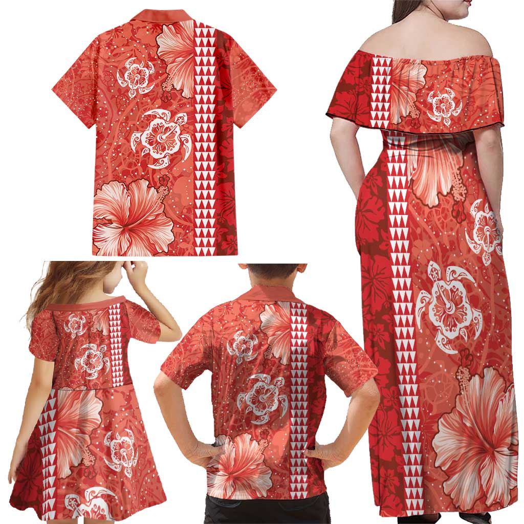 Red Hibiscus Turle Family Matching Off Shoulder Maxi Dress and Hawaiian Shirt Hawaiian Style Tribal Tapa Pattern