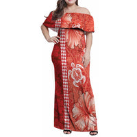 Red Hibiscus Turle Family Matching Off Shoulder Maxi Dress and Hawaiian Shirt Hawaiian Style Tribal Tapa Pattern