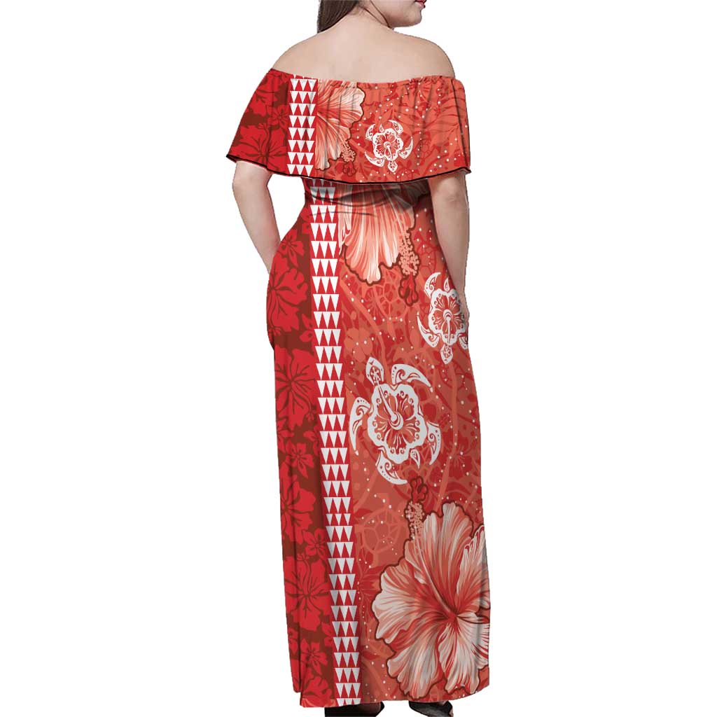 Red Hibiscus Turle Family Matching Off Shoulder Maxi Dress and Hawaiian Shirt Hawaiian Style Tribal Tapa Pattern