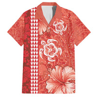 Red Hibiscus Turle Family Matching Off Shoulder Short Dress and Hawaiian Shirt Hawaiian Style Tribal Tapa Pattern LT9 Dad's Shirt - Short Sleeve Red - Polynesian Pride