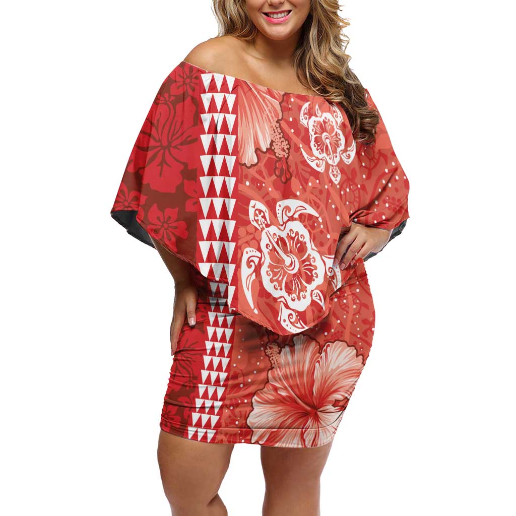 Red Hibiscus Turle Family Matching Off Shoulder Short Dress and Hawaiian Shirt Hawaiian Style Tribal Tapa Pattern LT9 Mom's Dress Red - Polynesian Pride