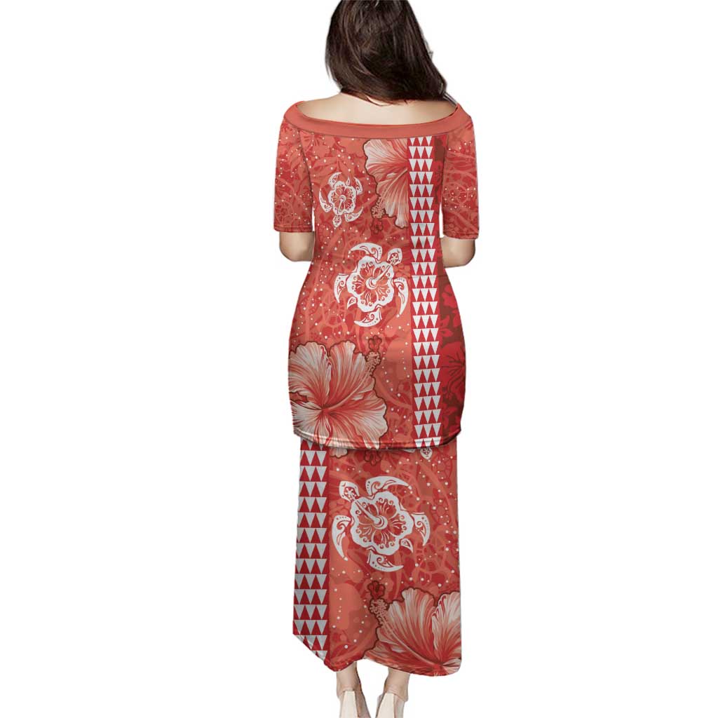 Red Hibiscus Turle Family Matching Puletasi and Hawaiian Shirt Hawaiian Style Tribal Tapa Pattern