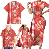 Red Hibiscus Turle Family Matching Short Sleeve Bodycon Dress and Hawaiian Shirt Hawaiian Style Tribal Tapa Pattern LT9 - Polynesian Pride