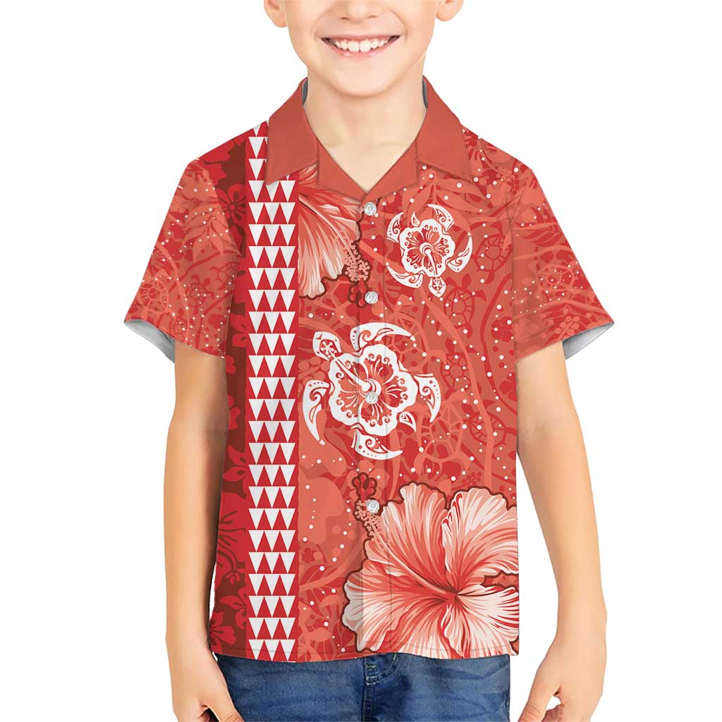 Red Hibiscus Turle Family Matching Short Sleeve Bodycon Dress and Hawaiian Shirt Hawaiian Style Tribal Tapa Pattern LT9 Son's Shirt Red - Polynesian Pride