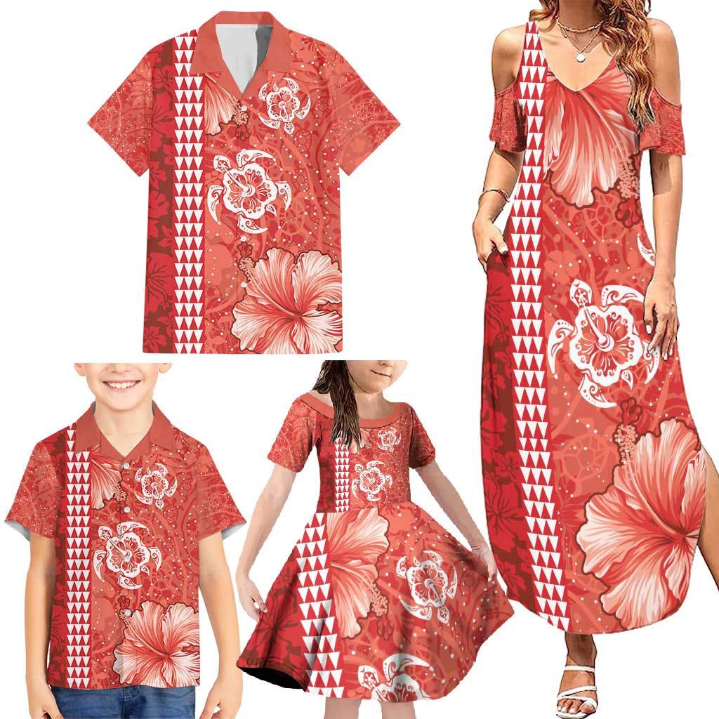 Red Hibiscus Turle Family Matching Summer Maxi Dress and Hawaiian Shirt Hawaiian Style Tribal Tapa Pattern