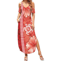 Red Hibiscus Turle Family Matching Summer Maxi Dress and Hawaiian Shirt Hawaiian Style Tribal Tapa Pattern