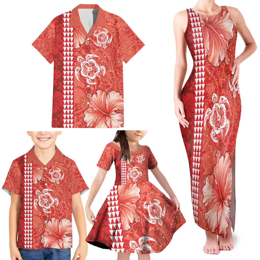 Red Hibiscus Turle Family Matching Tank Maxi Dress and Hawaiian Shirt Hawaiian Style Tribal Tapa Pattern