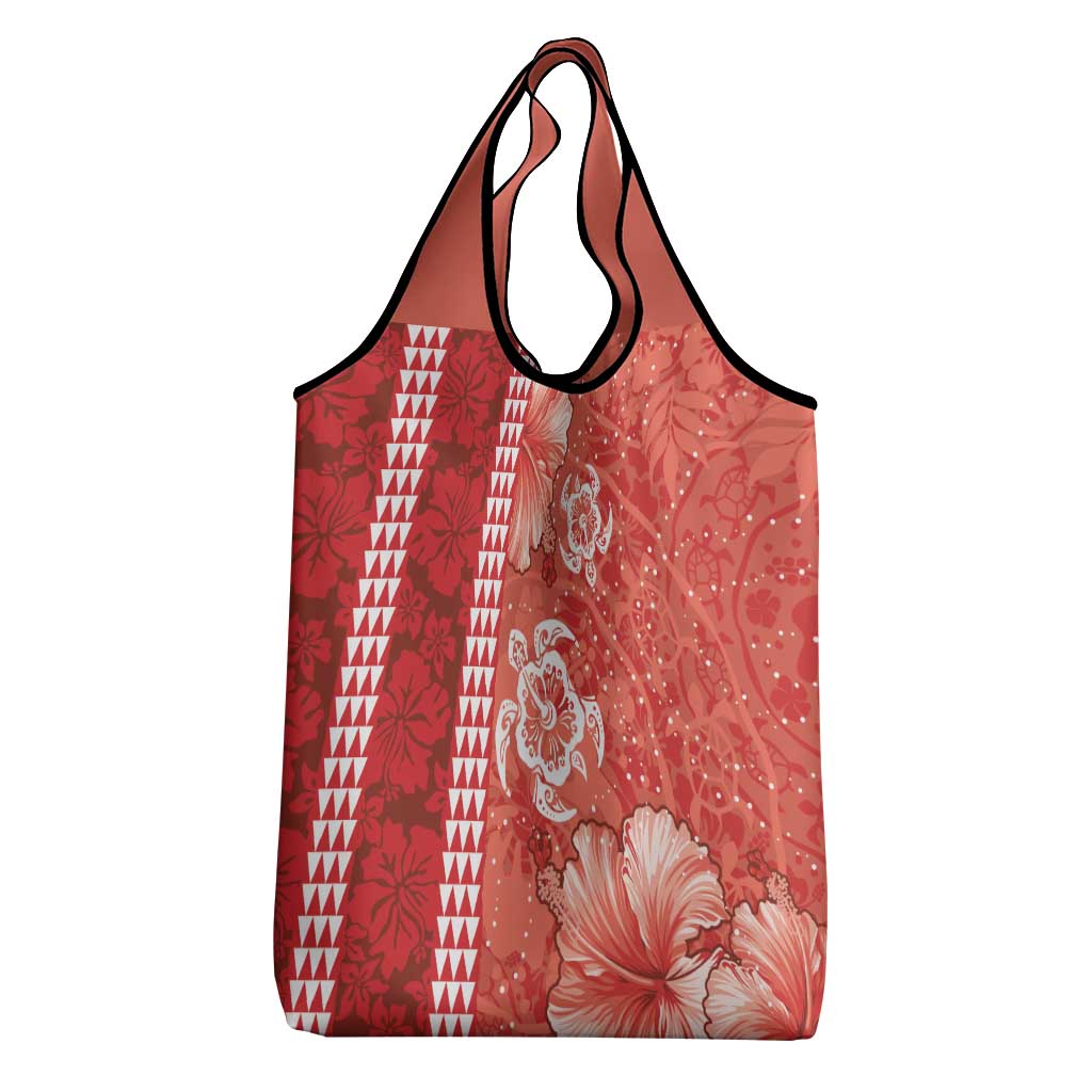 Red Hibiscus Turle Grocery Bag Hawaiian Style Tribal Tapa Pattern