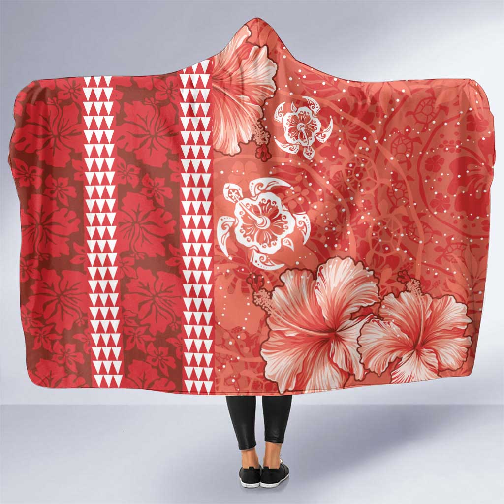 Red Hibiscus Turle Hooded Blanket Hawaiian Style Tribal Tapa Pattern