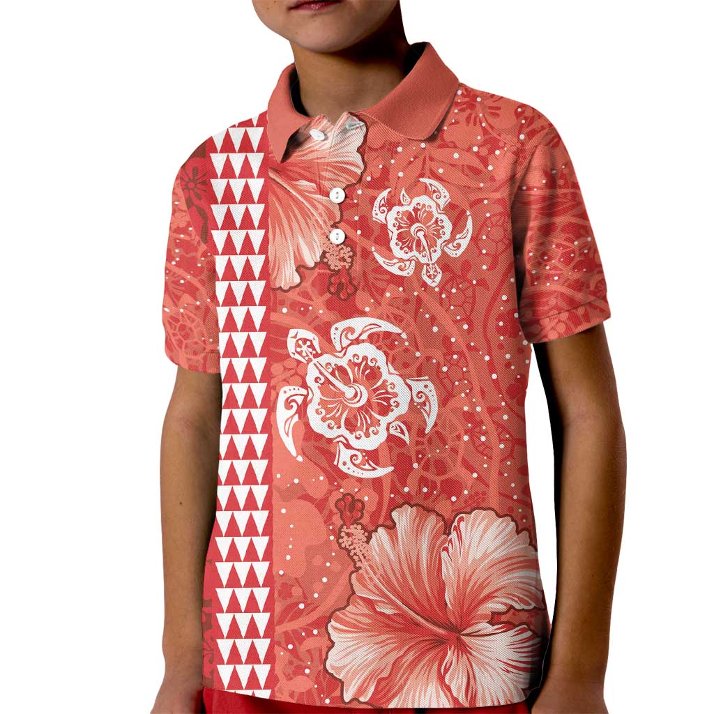Red Hibiscus Turle Kid Polo Shirt Hawaiian Style Tribal Tapa Pattern