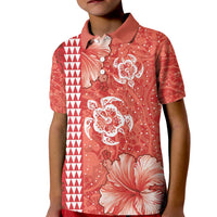 Red Hibiscus Turle Kid Polo Shirt Hawaiian Style Tribal Tapa Pattern