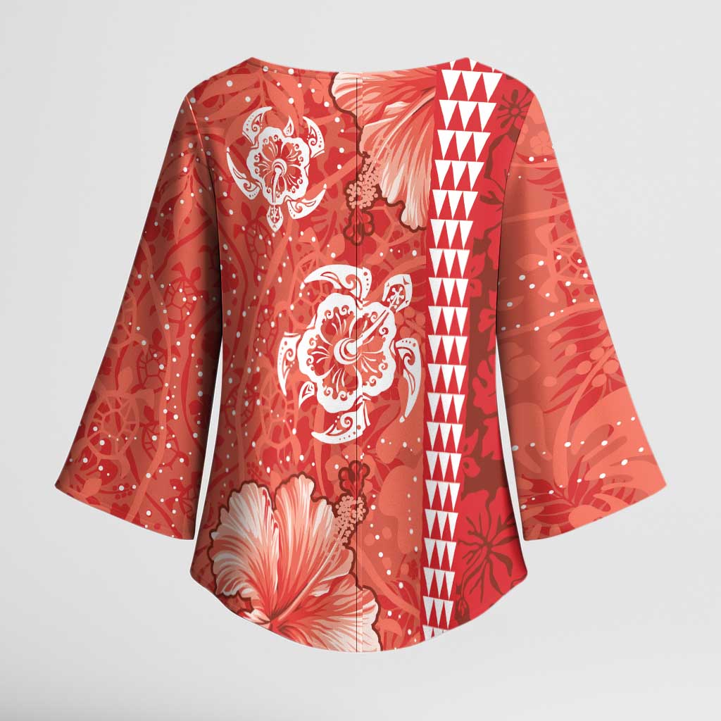 Red Hibiscus Turle Kimono Sleeve Blouse Hawaiian Style Tribal Tapa Pattern - Polynesian Pride
