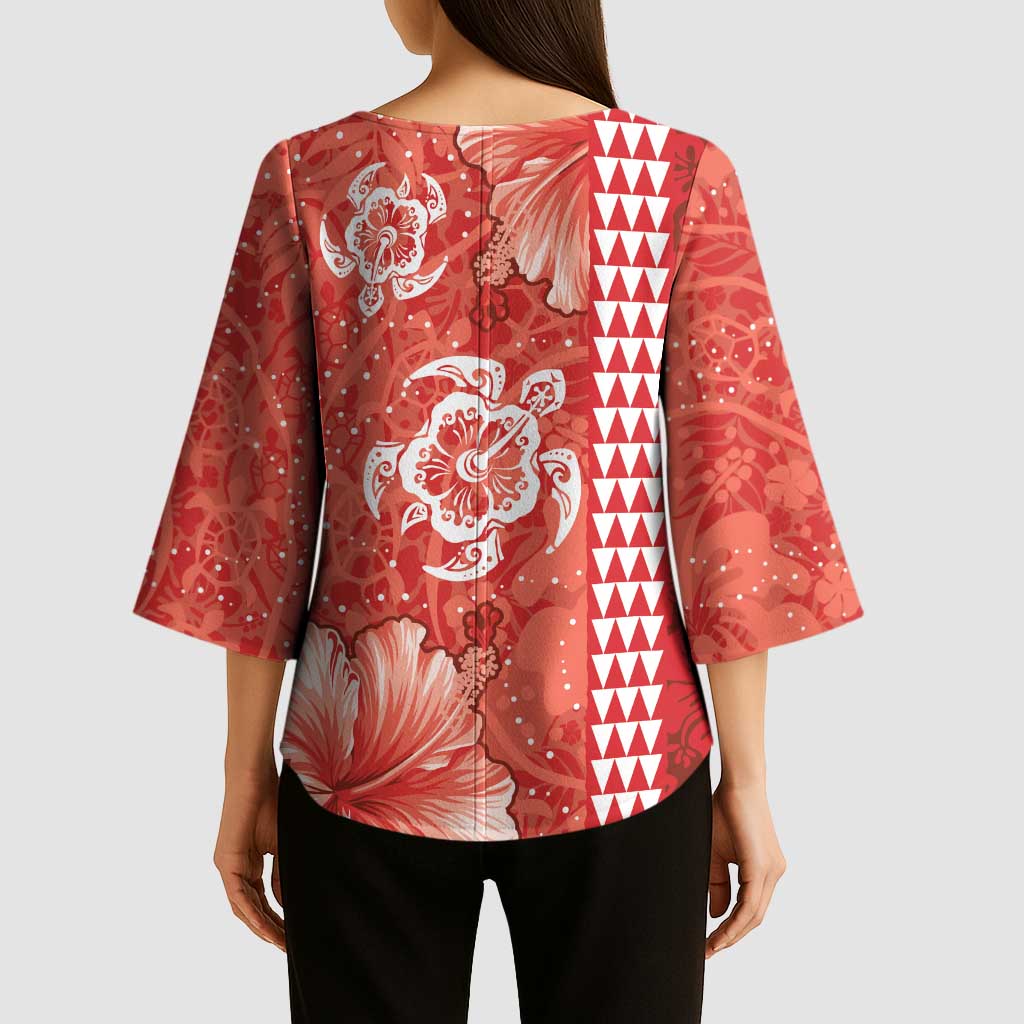 Red Hibiscus Turle Kimono Sleeve Blouse Hawaiian Style Tribal Tapa Pattern - Polynesian Pride