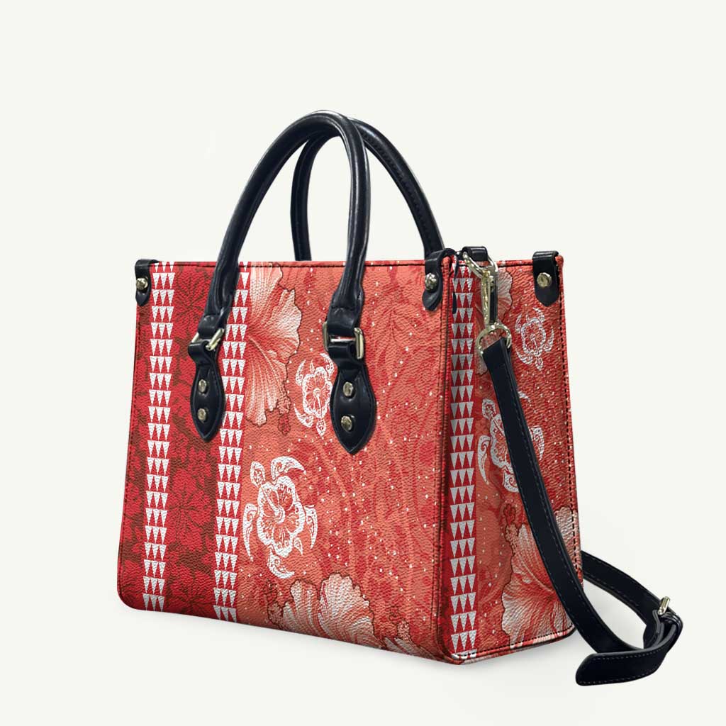 Red Hibiscus Turle Leather Bag Hawaiian Style Tribal Tapa Pattern - Polynesian Pride
