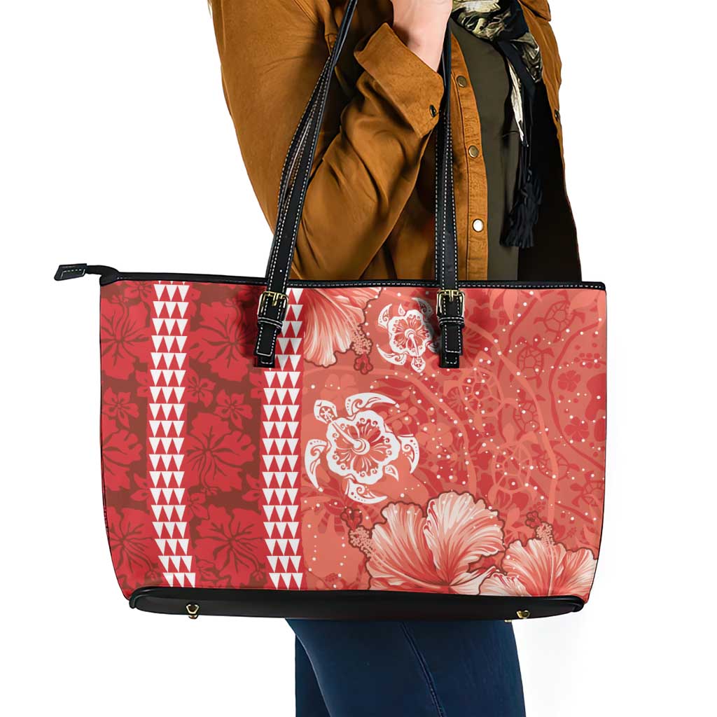 Red Hibiscus Turle Leather Tote Bag Hawaiian Style Tribal Tapa Pattern LT9 - Polynesian Pride