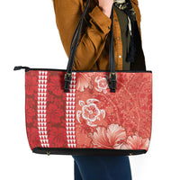 Red Hibiscus Turle Leather Tote Bag Hawaiian Style Tribal Tapa Pattern LT9 - Polynesian Pride