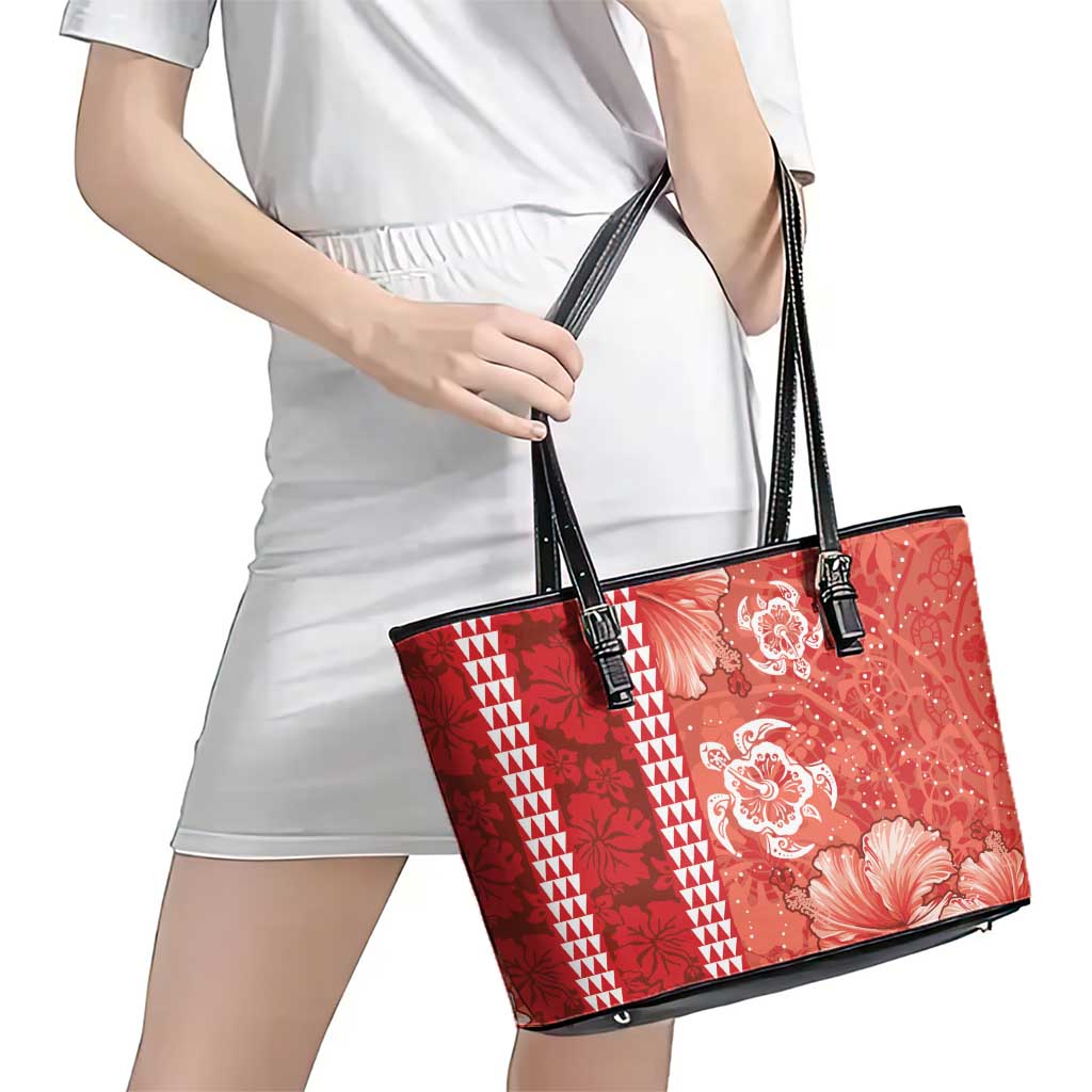 Red Hibiscus Turle Leather Tote Bag Hawaiian Style Tribal Tapa Pattern LT9 - Polynesian Pride