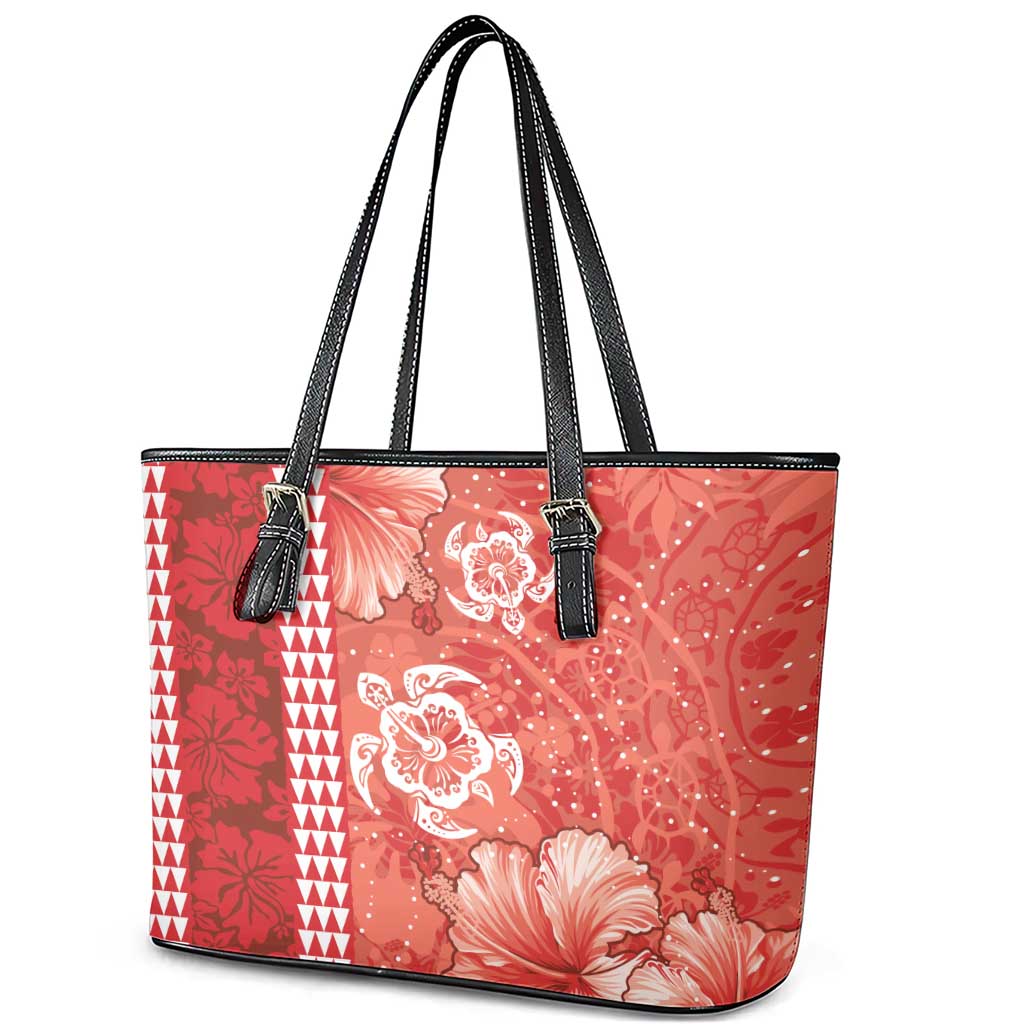 Red Hibiscus Turle Leather Tote Bag Hawaiian Style Tribal Tapa Pattern LT9 - Polynesian Pride