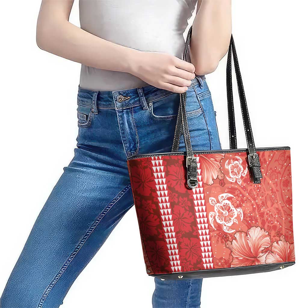 Red Hibiscus Turle Leather Tote Bag Hawaiian Style Tribal Tapa Pattern LT9 - Polynesian Pride