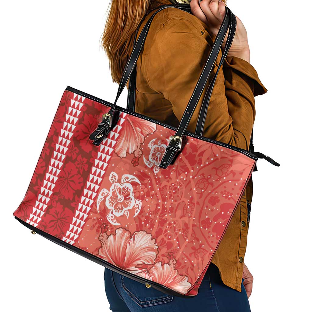 Red Hibiscus Turle Leather Tote Bag Hawaiian Style Tribal Tapa Pattern LT9 - Polynesian Pride
