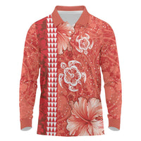 Red Hibiscus Turle Long Sleeve Polo Shirt Hawaiian Style Tribal Tapa Pattern