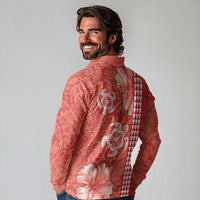 Red Hibiscus Turle Long Sleeve Polo Shirt Hawaiian Style Tribal Tapa Pattern