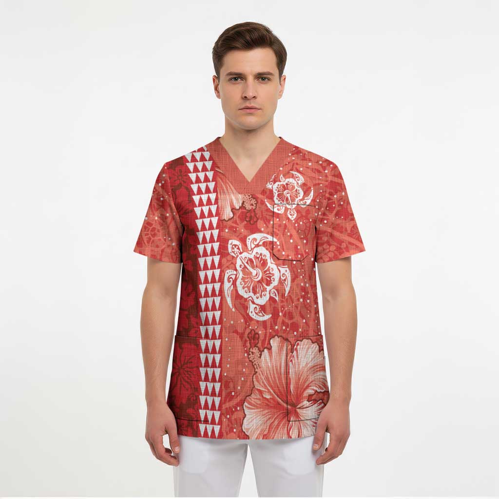 Red Hibiscus Turle Scrub Top Hawaiian Style Tribal Tapa Pattern - Polynesian Pride