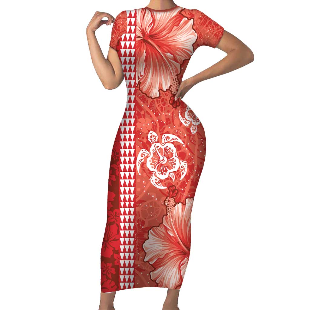 Red Hibiscus Turle Short Sleeve Bodycon Dress Hawaiian Style Tribal Tapa Pattern
