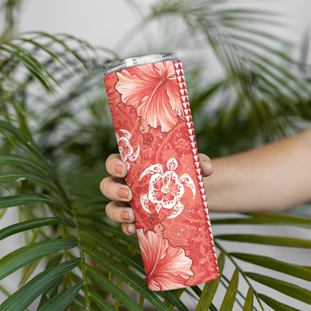Red Hibiscus Turle Skinny Tumbler Hawaiian Style Tribal Tapa Pattern