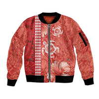 Red Hibiscus Turle Sleeve Zip Bomber Jacket Hawaiian Style Tribal Tapa Pattern LT9 Unisex Red - Polynesian Pride