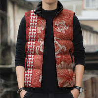 Red Hibiscus Turle Sleeveless Puffer Jacket Hawaiian Style Tribal Tapa Pattern - Polynesian Pride