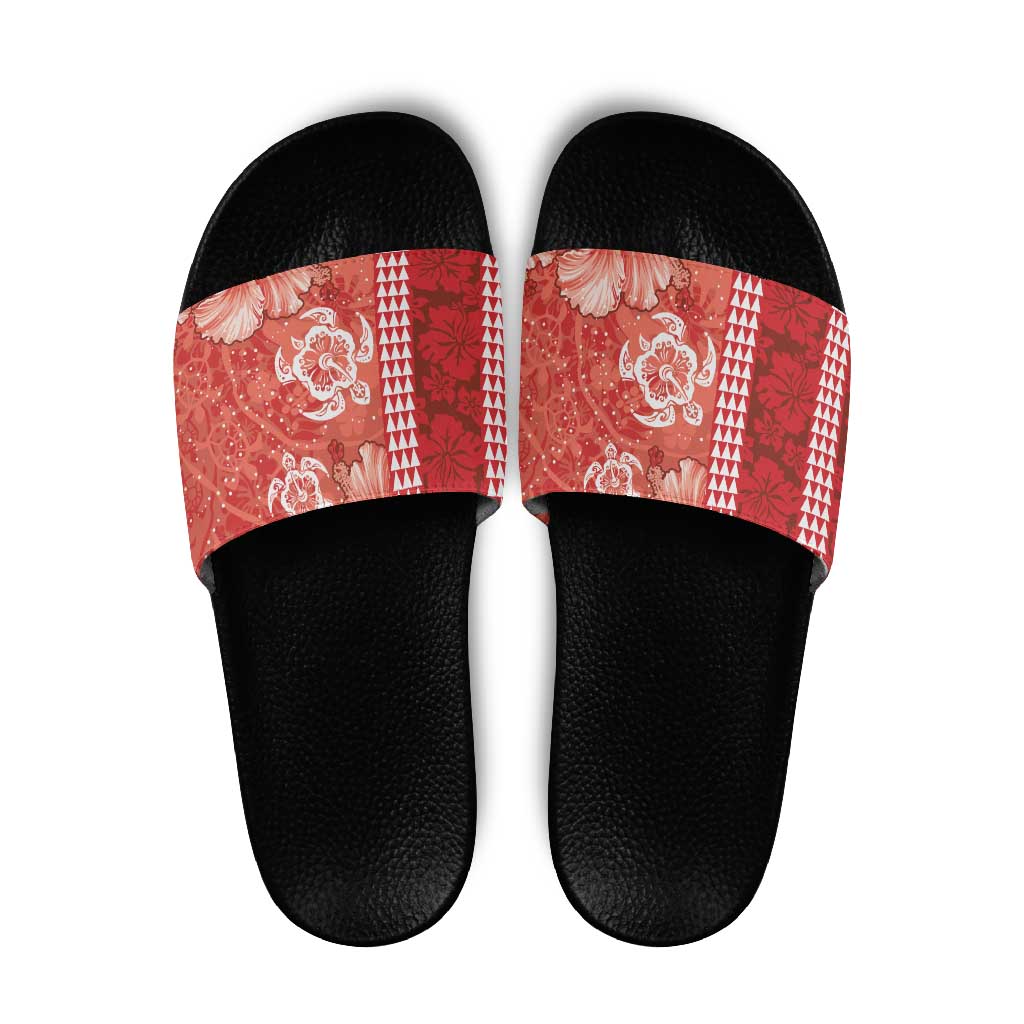 Red Hibiscus Turle Slide Sandals Hawaiian Style Tribal Tapa Pattern - Polynesian Pride